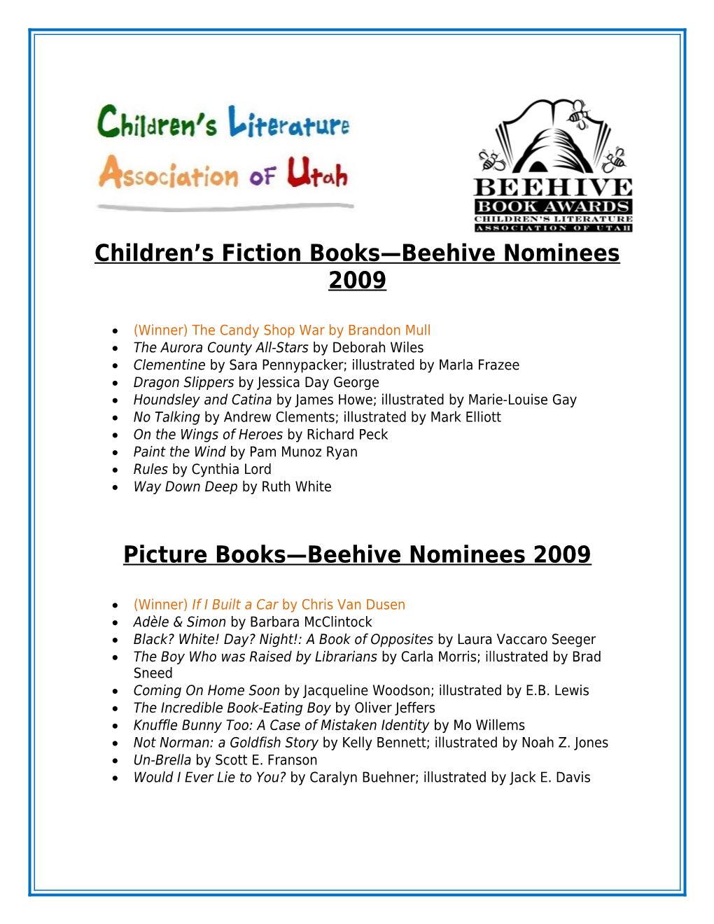 Children S Fiction Books Beehive Nominees 2009