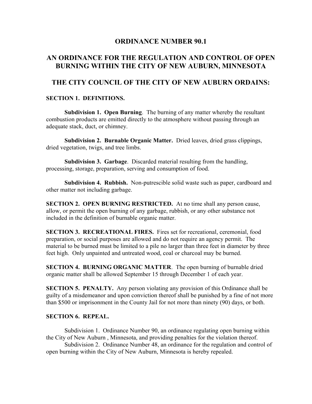 An Ordinance for the Regulation and Control of Open Burning Within the City of Madison Lake