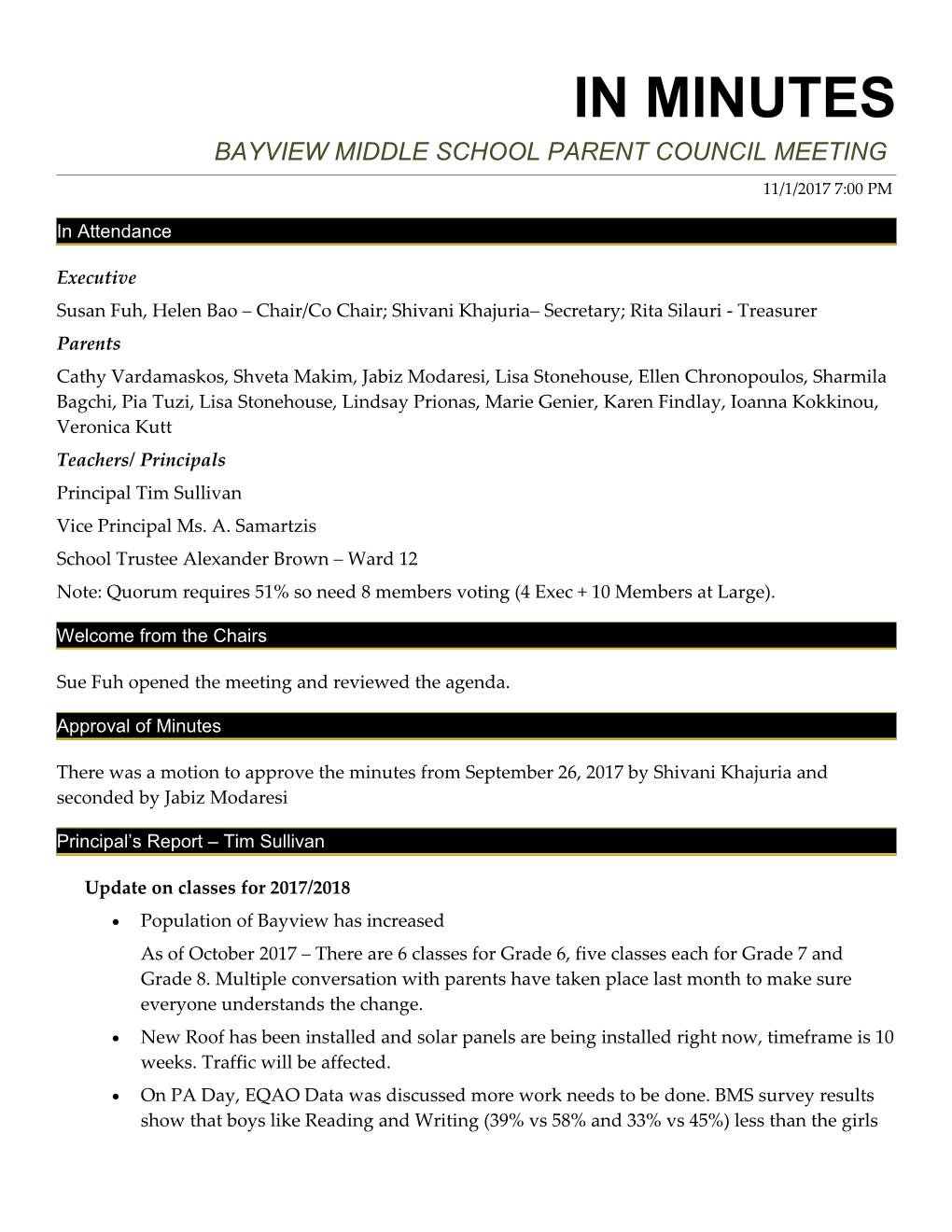 Bayview Middle School Parent Council Meeting