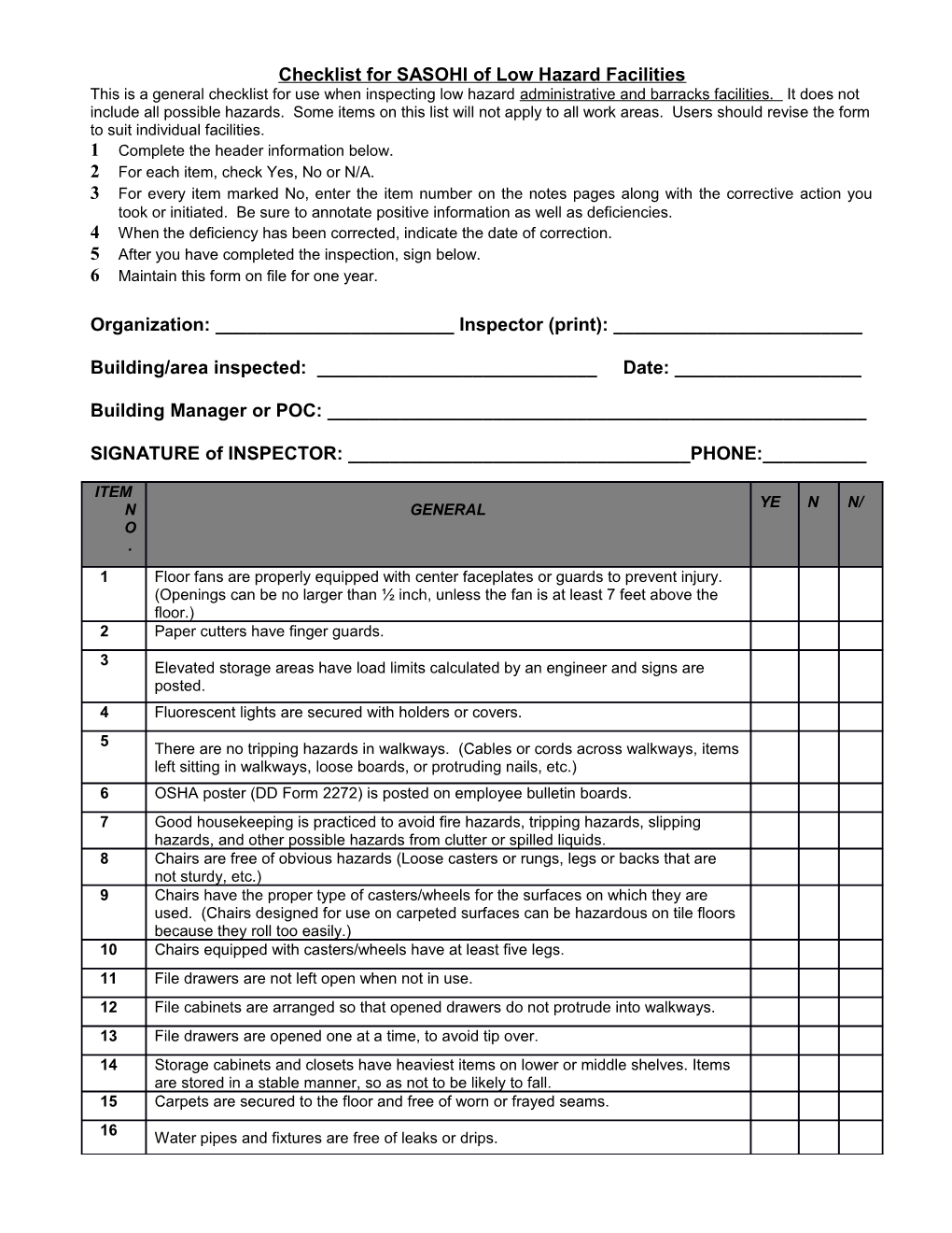 Checklist for Inspection of Administrative Areas