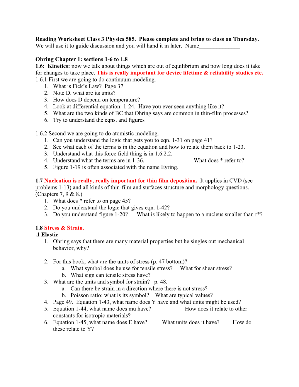 Ohring Chapter 1: Sections 1-6 to 1.8