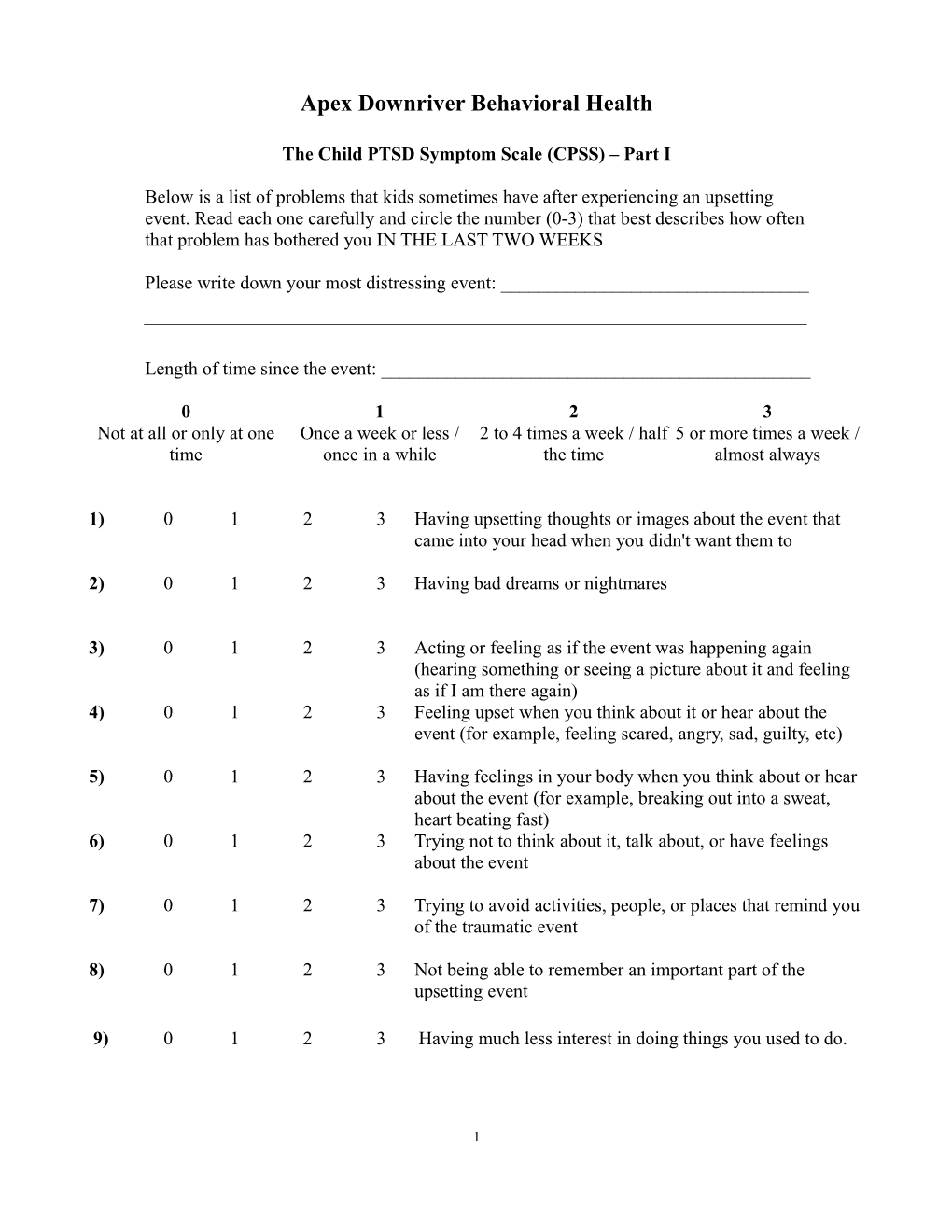 The Child PTSD Symptom Scale (CPSS) Part I