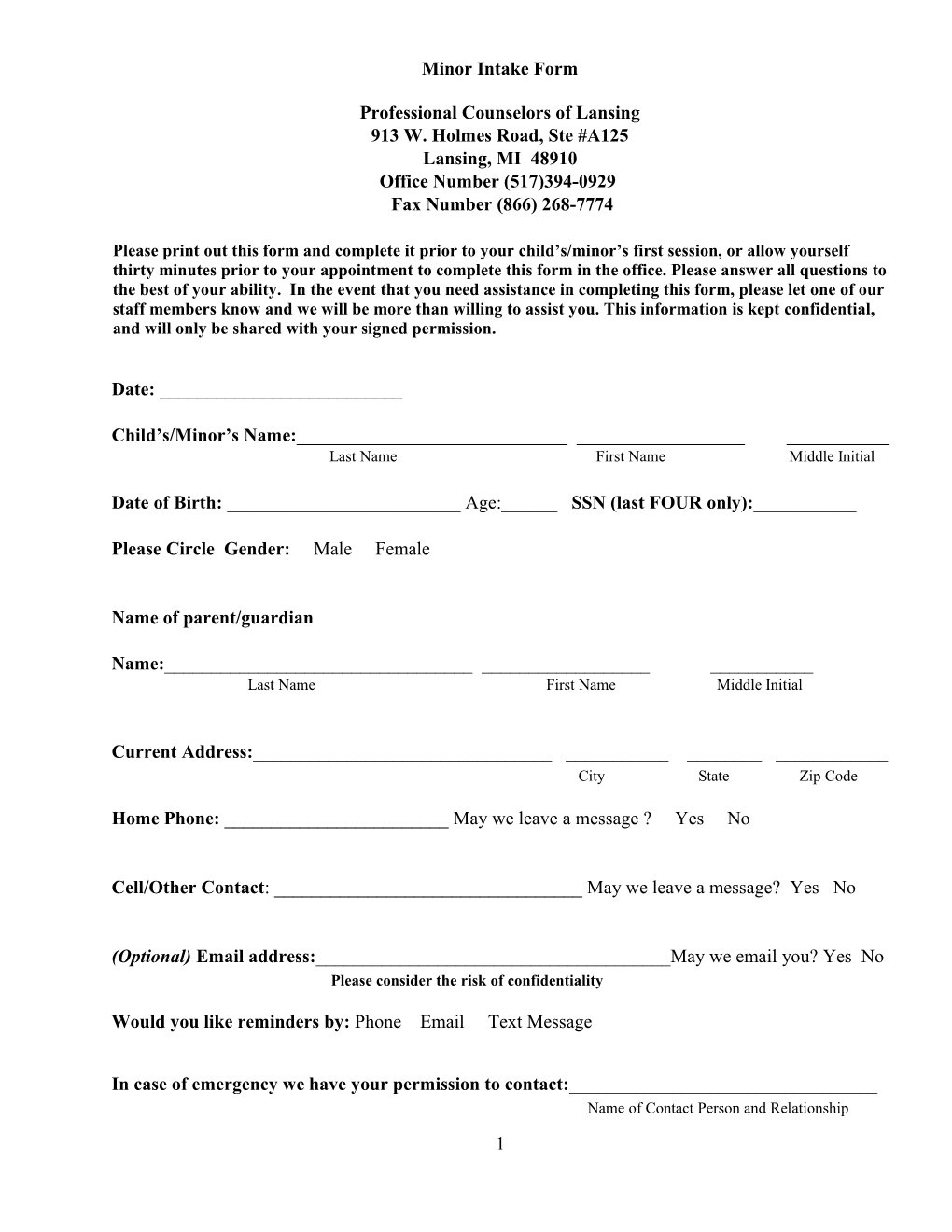 Minor Intake Form