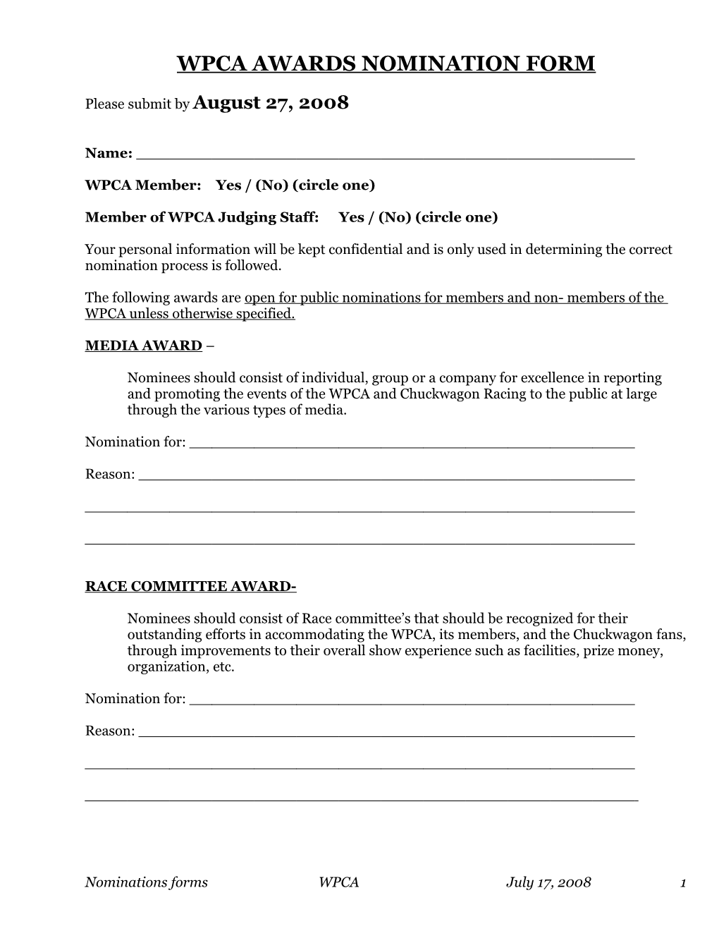Wpca Awards Nomination Form