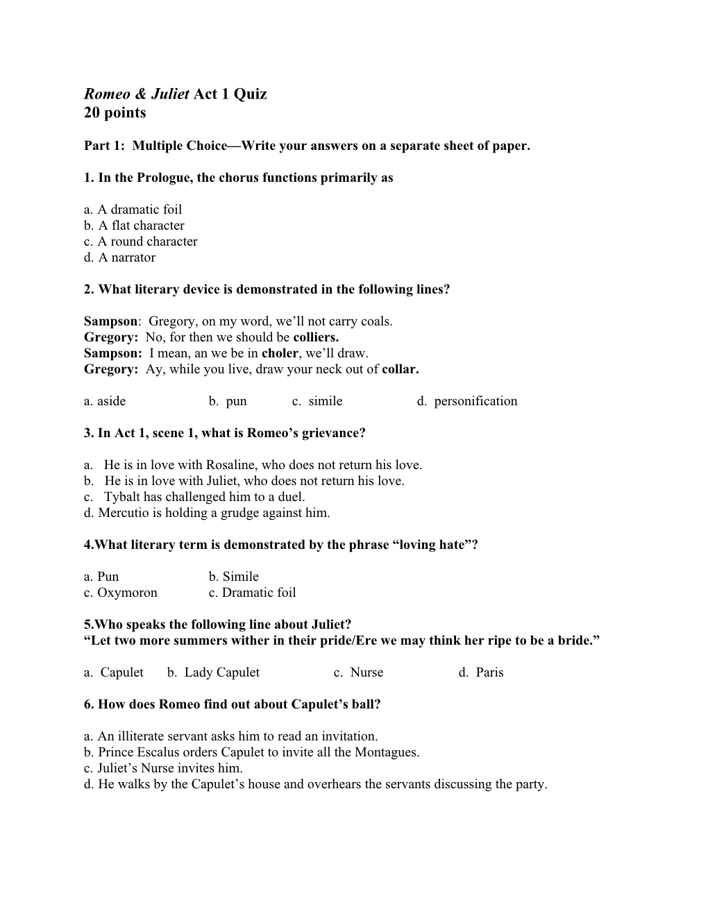 Romeo & Juliet Act 1 Quiz