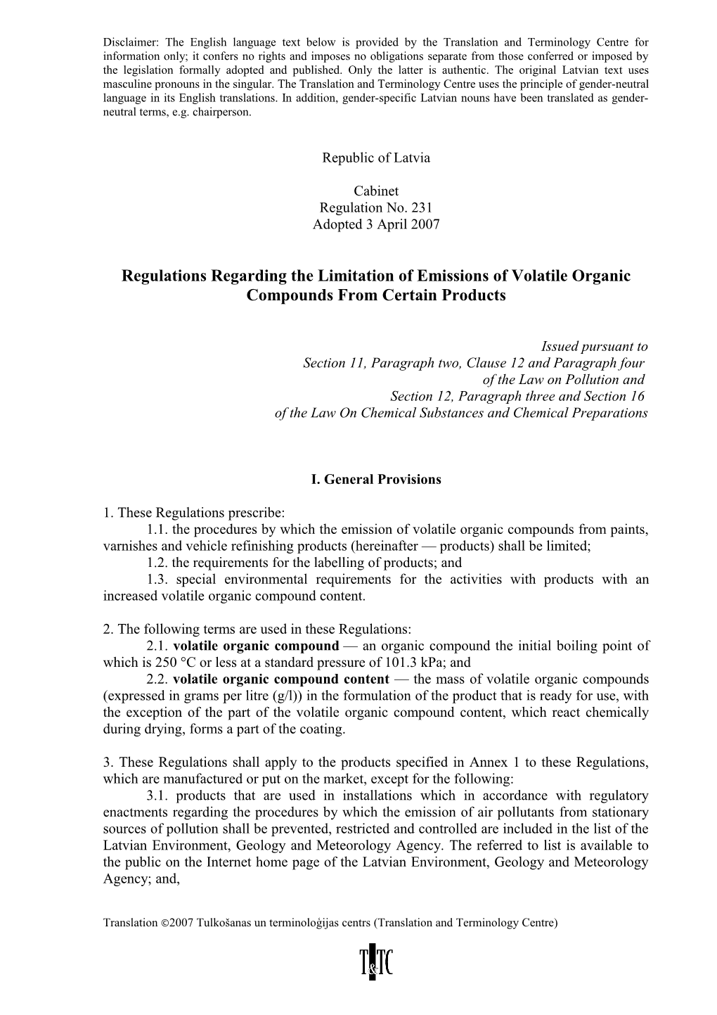 Regulations Regarding the Limitation of Emissions of Volatile Organic Compounds from Certain