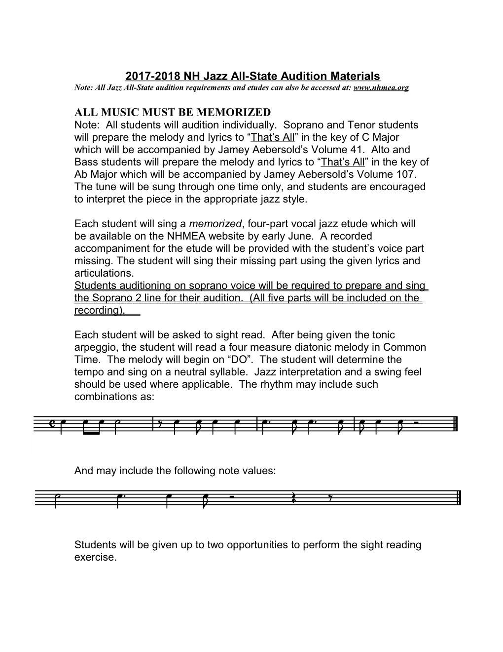 2017-2018 NH Jazz All-State Audition Materials