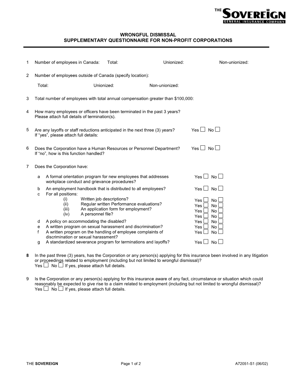 Supplementary Questionnaire for Non-Profit Corporations