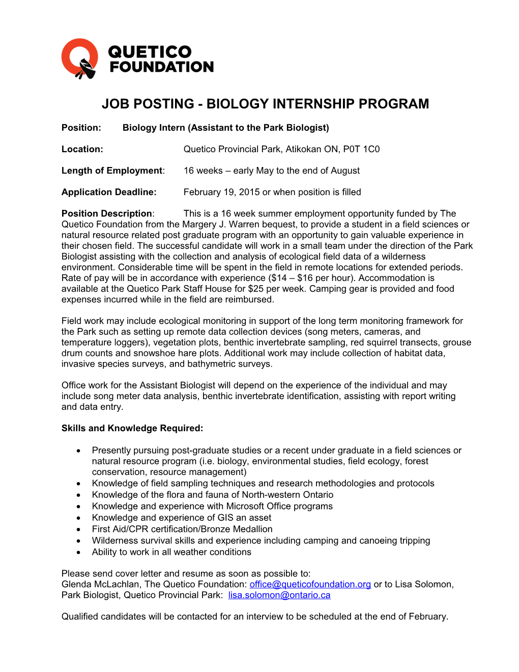 Job Posting - Biology Internship Program