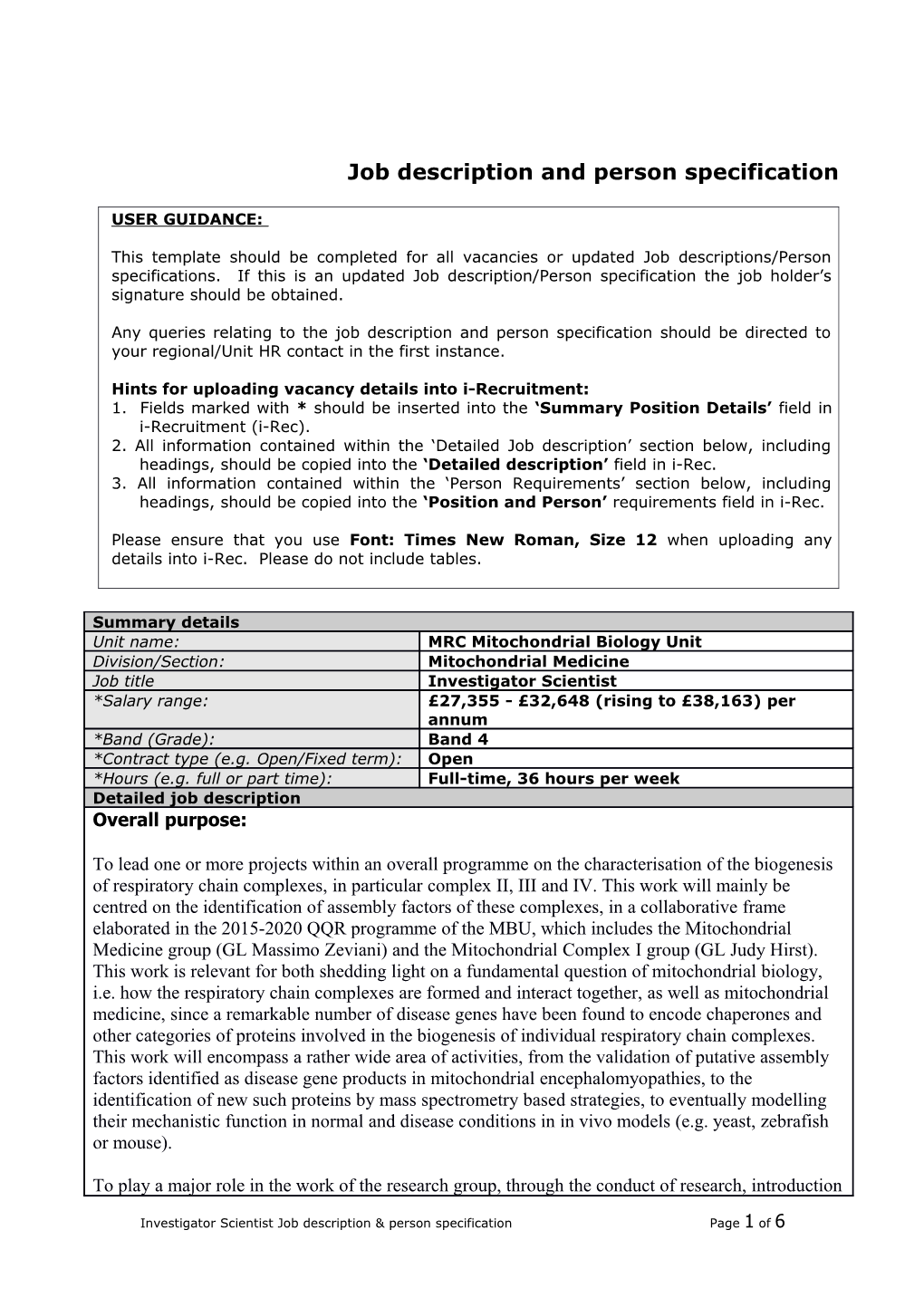 Job Description and Person Specification Template