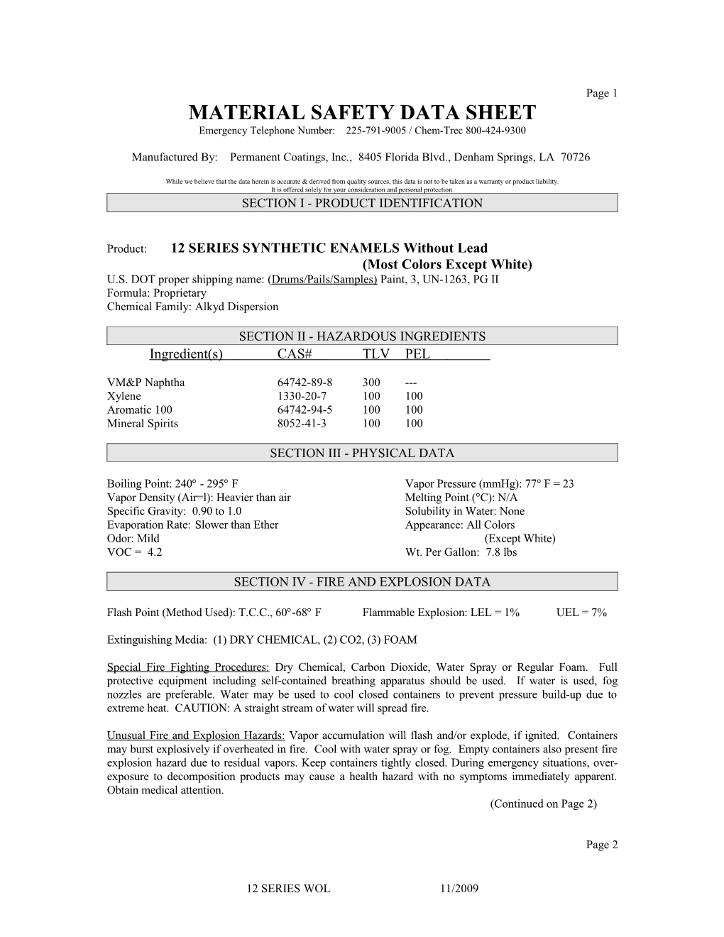 Material Safety Data Sheet s52