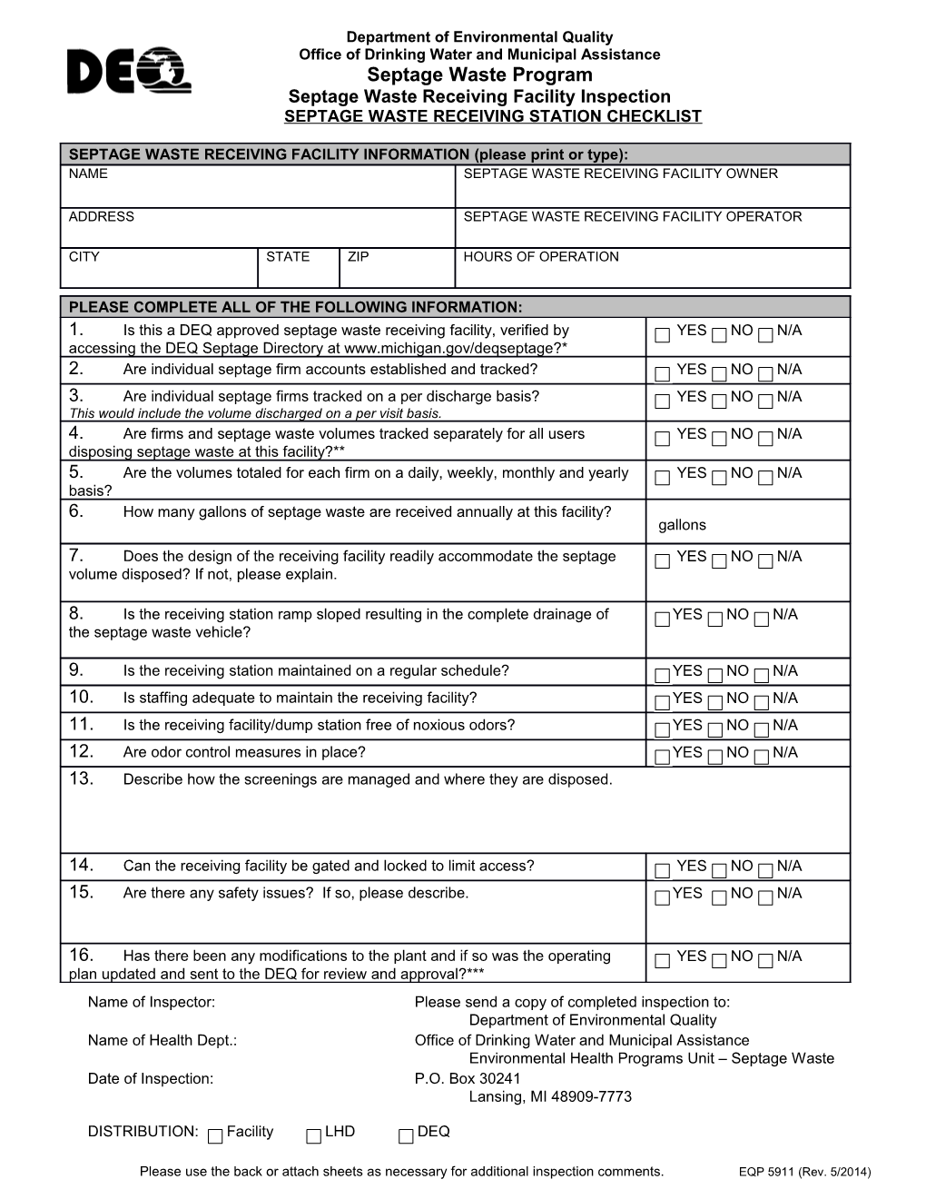 Septage Waste Receiving Facility Inspection Form