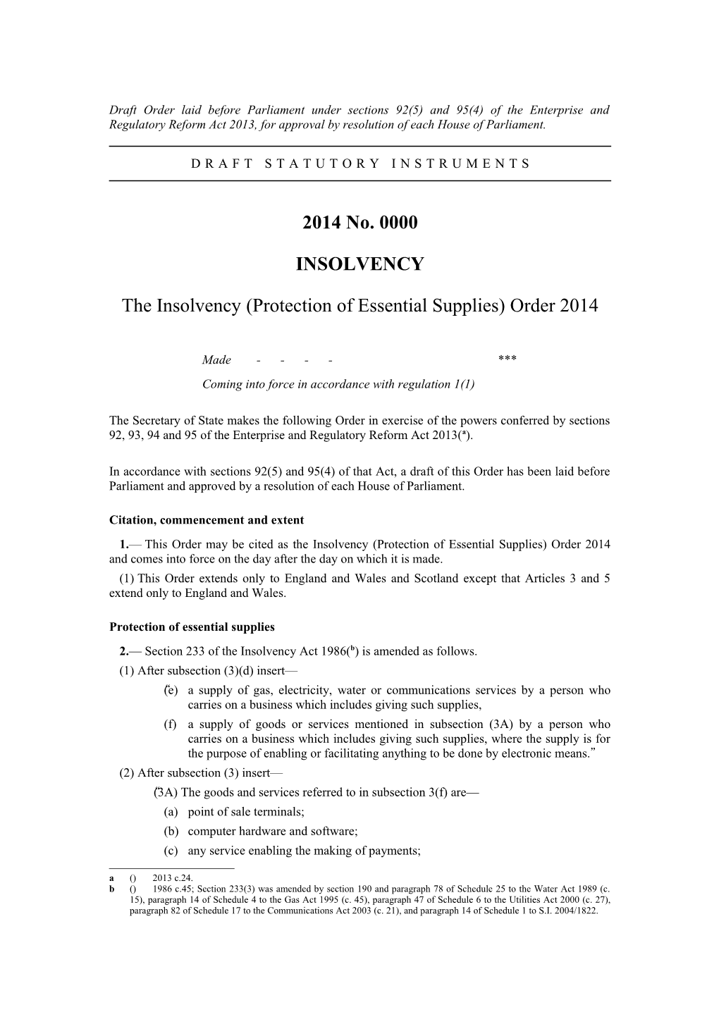 The Insolvency (Protection of Essential Supplies) Order 2014
