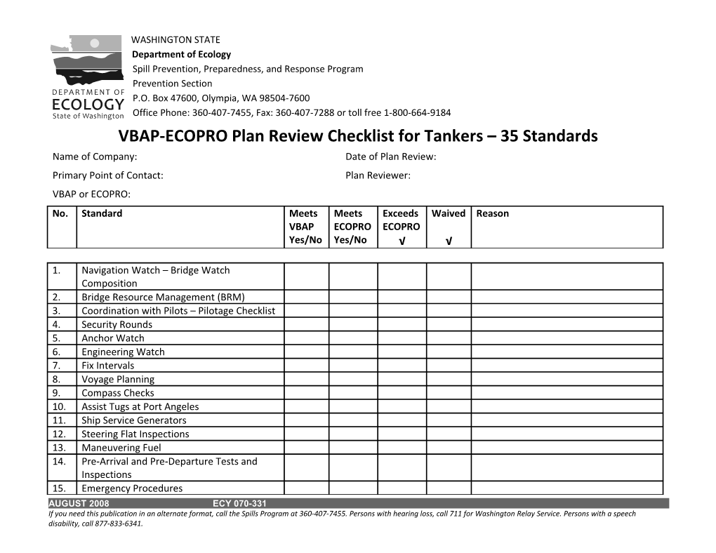 VBAP-ECOPRO Plan Review Checklist for Tankers 35 Standards