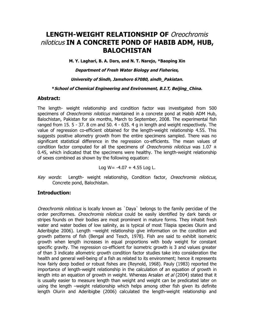 LENGTH-WEIGHT RELATIONSHIP of Oreochromis Niloticus in a CONCRETE POND of HABIB ADM, HUB