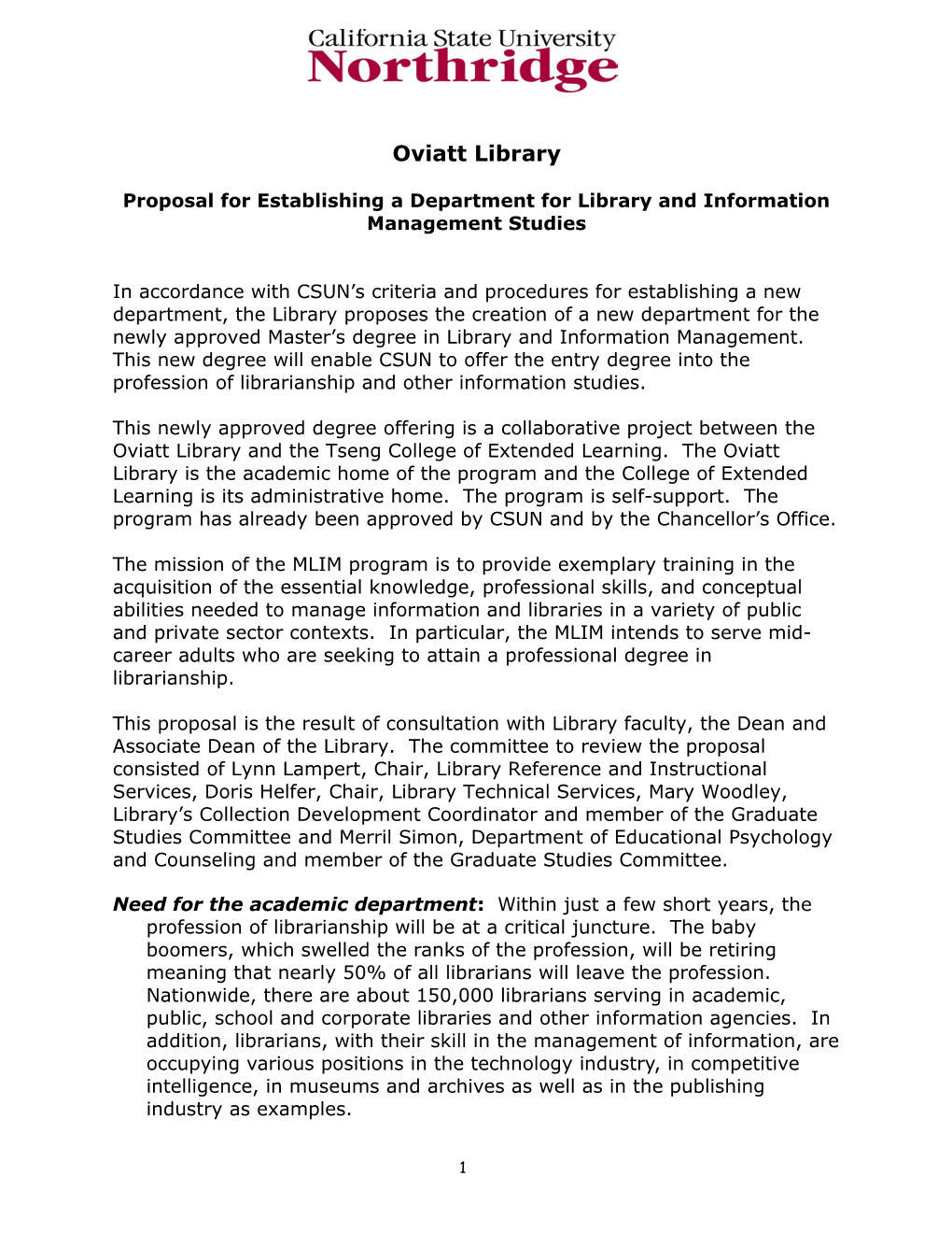 Proposal for Establishing a Department for Library and Information Management