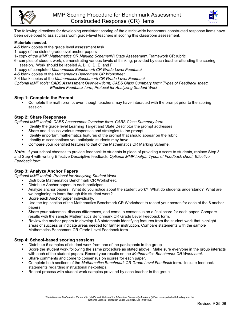 MMP Scoring Procedure for Benchmark Assessment