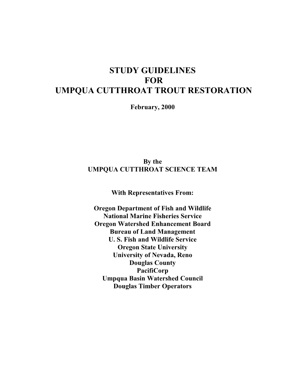 Tudy Guidelines for Umpqua Cutthroat Trout Restoration