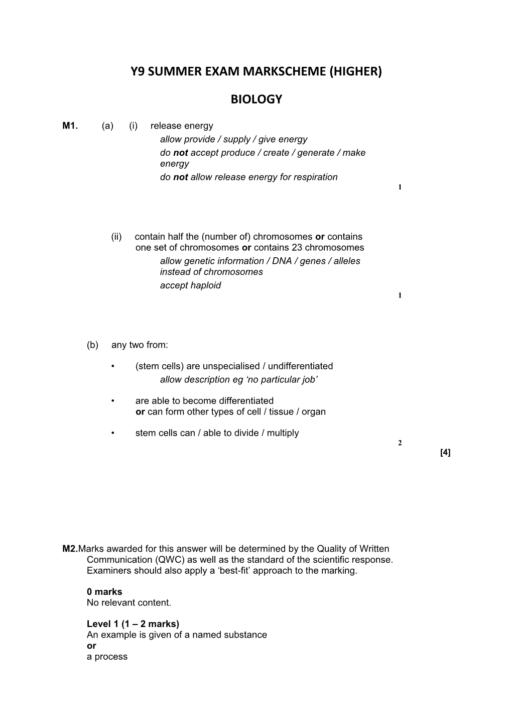 Y9 Summer Exam Markscheme (Higher)