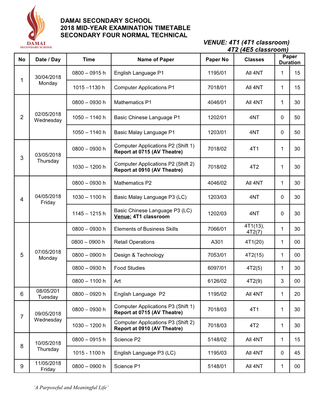 2018 Mid-Year Examination Timetable