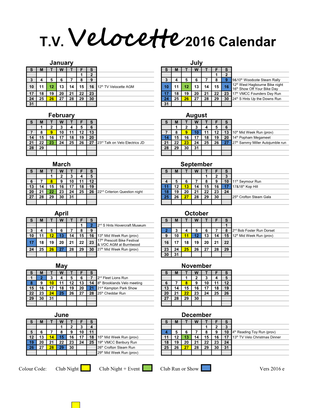 T.V. Velocette 2016 Calendar