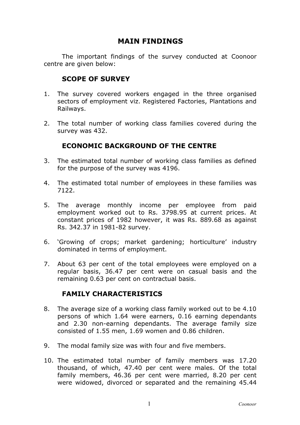 The Important Findings of the Survey Conducted at Coonoor Centre Are Given Below