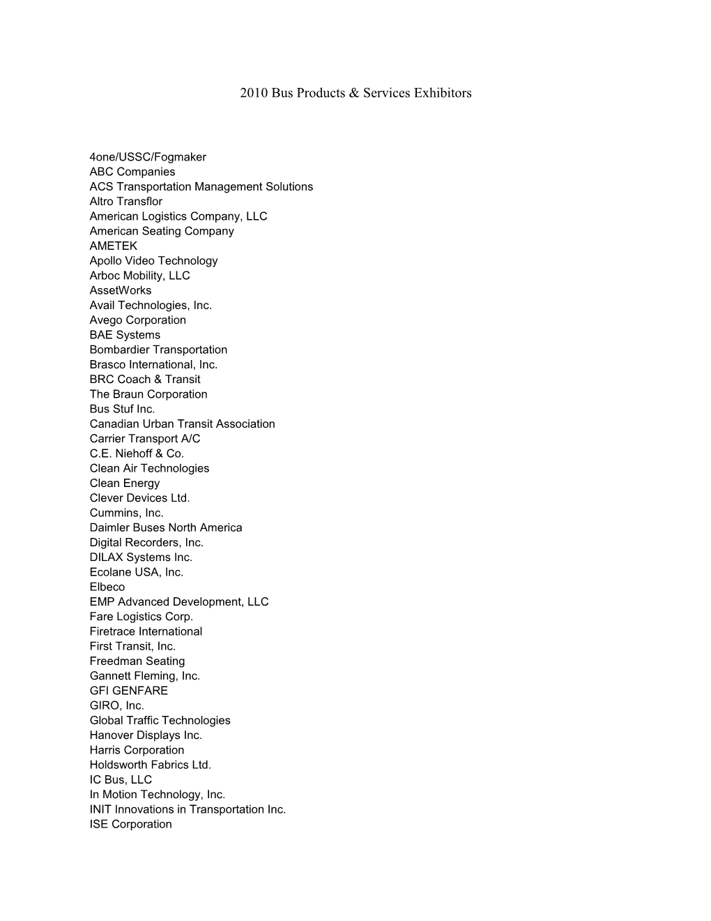 2010 APTA Bus Conference Exhibitor List