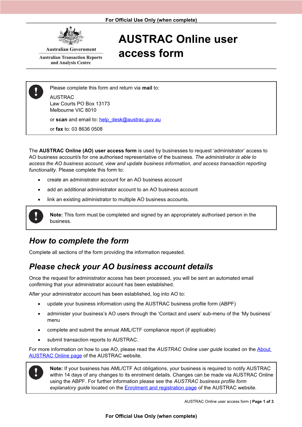 AUSTRAC Online User Access Form