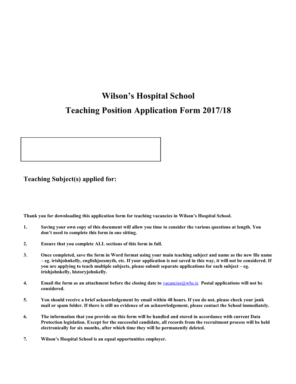 Teaching Position Application Form 2017/18