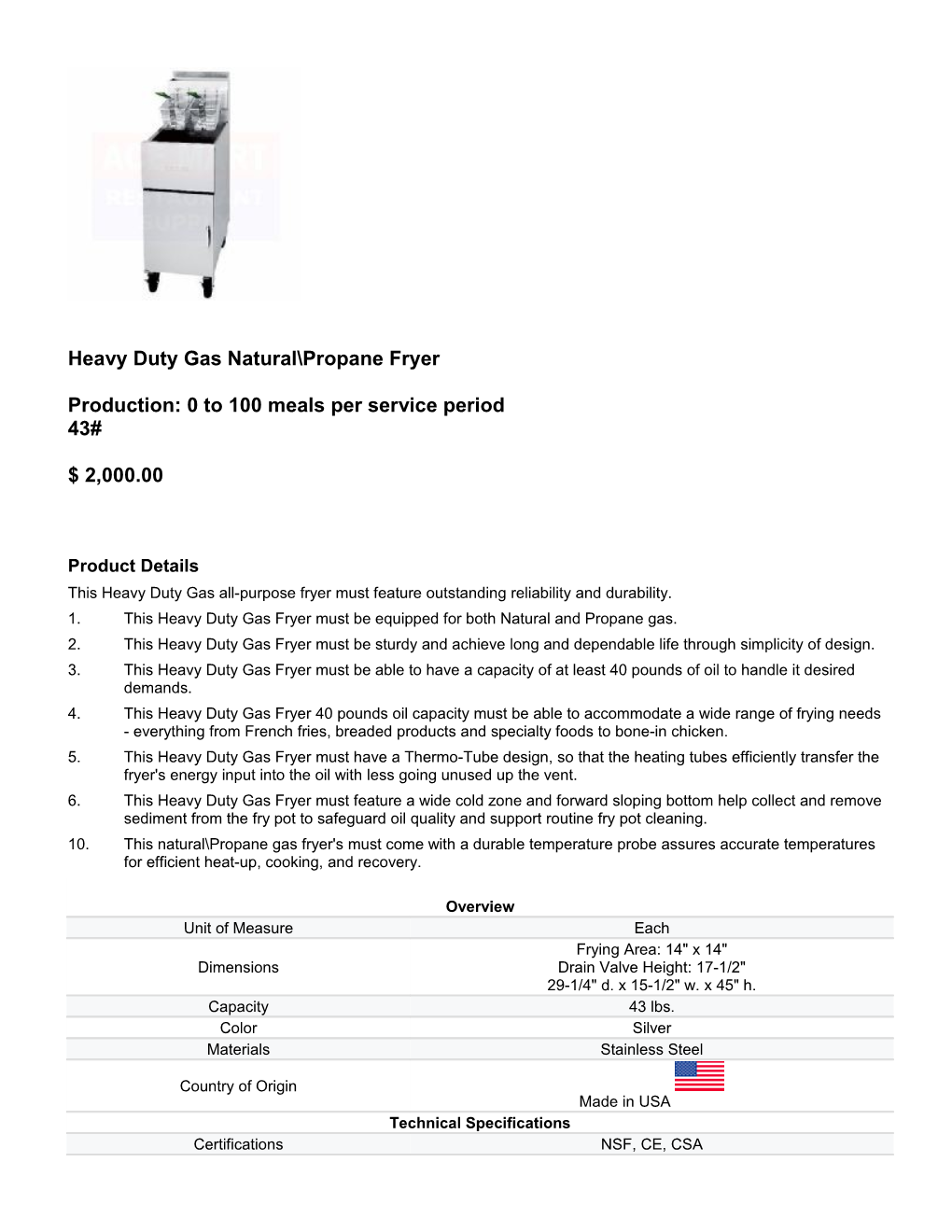 Heavy Duty Gas Natural Propane Fryer