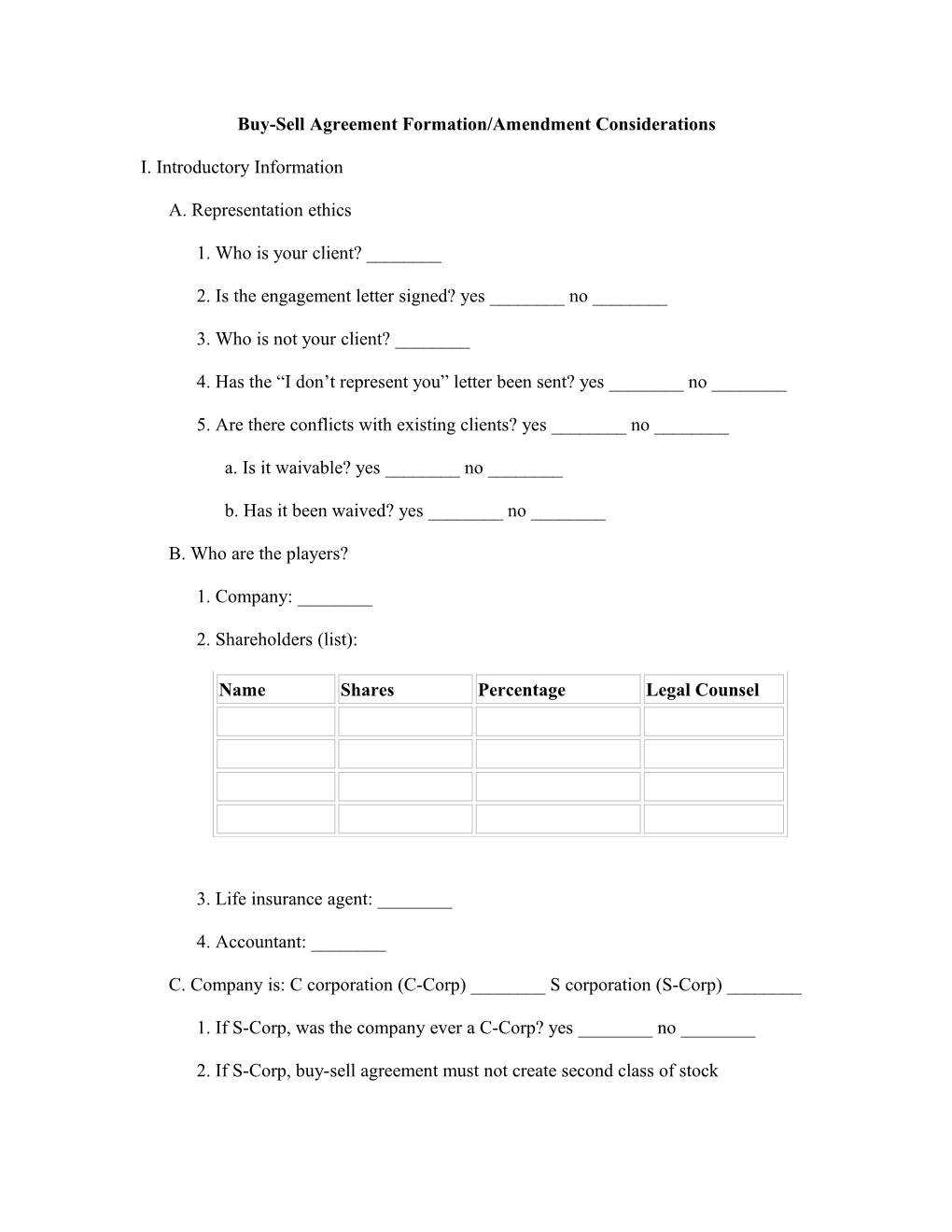 Buy-Sell Agreement Formation/Amendment Considerations