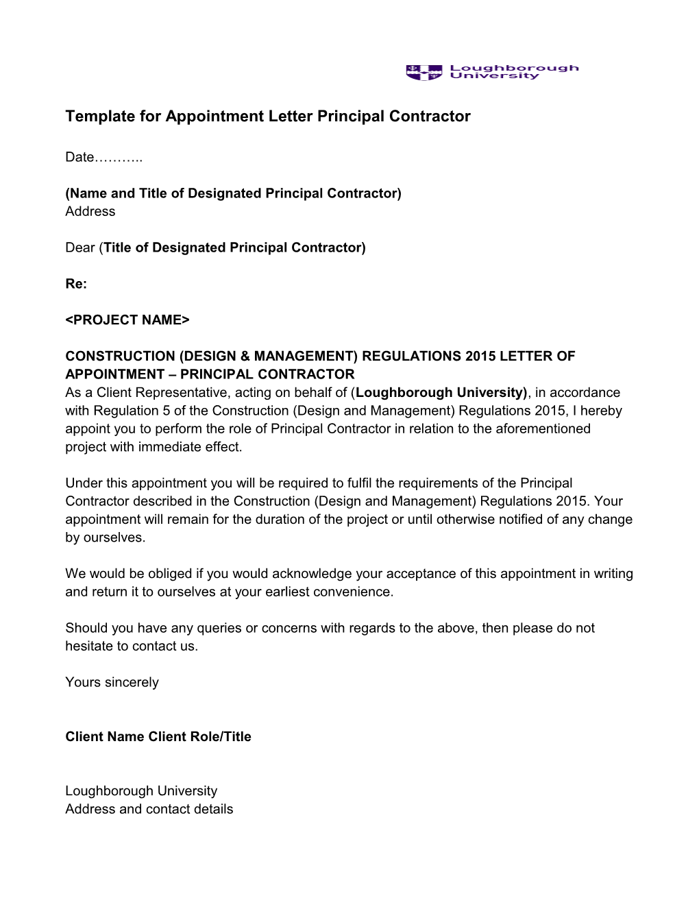 Template for Appointment Letter Principal Contractor