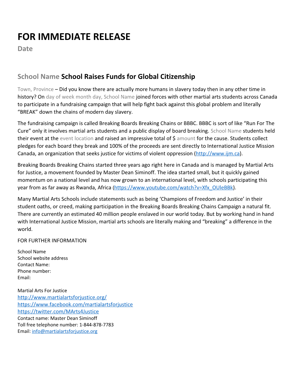 School Name School Raises Funds for Global Citizenship