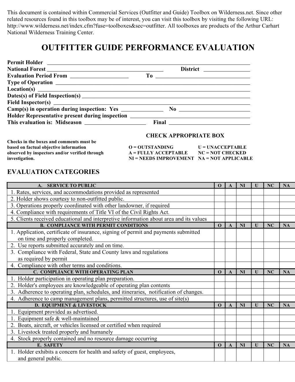 Outfitter Guide Performance Evaluation