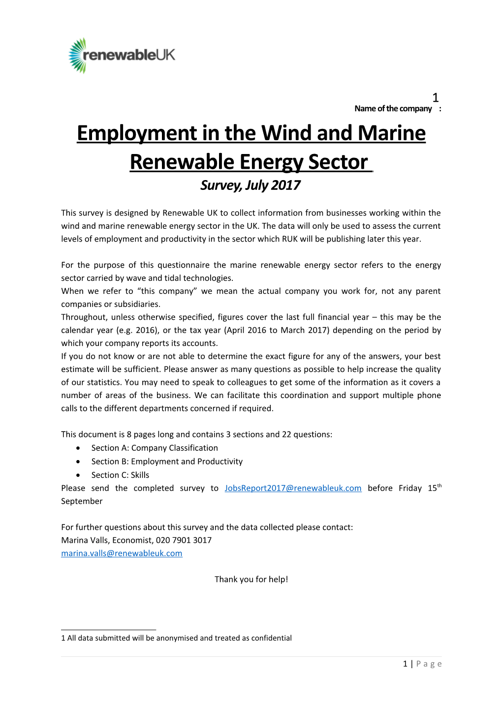 Employment in the Wind and Marine Renewable Energy Sector