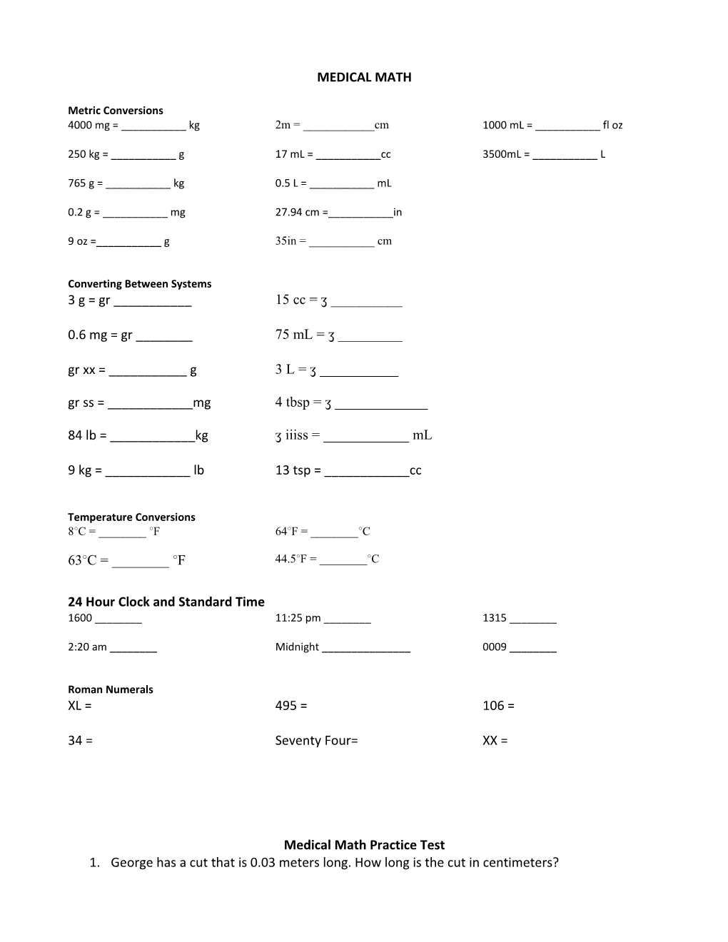 Medical Math Practice Test