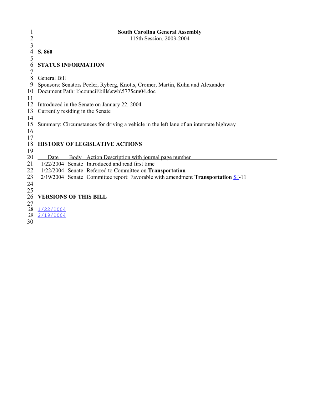 2003-2004 Bill 860: Circumstances for Driving a Vehicle in the Left Lane of an Interstate