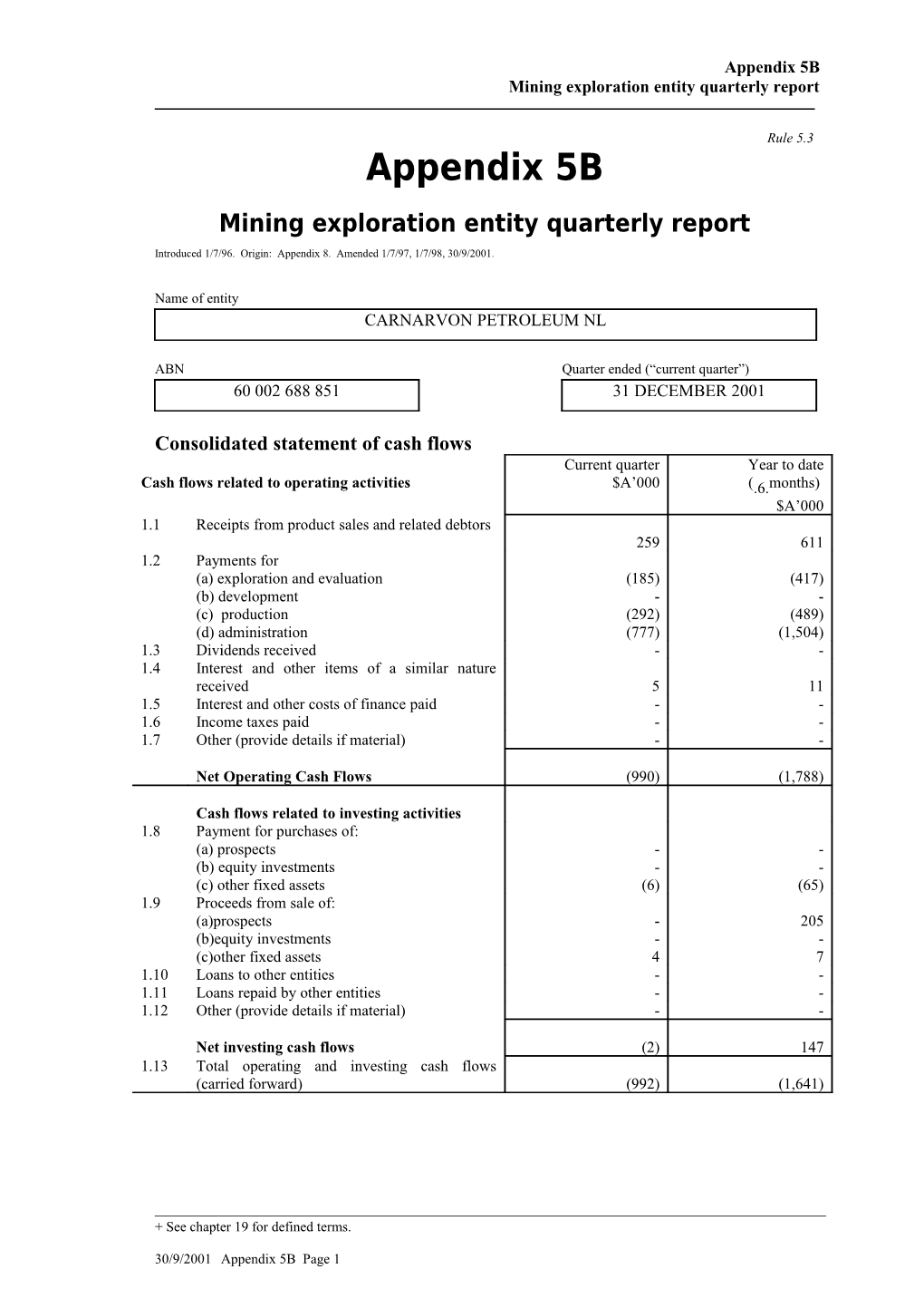 Mining Exploration Entity Quarterly Report