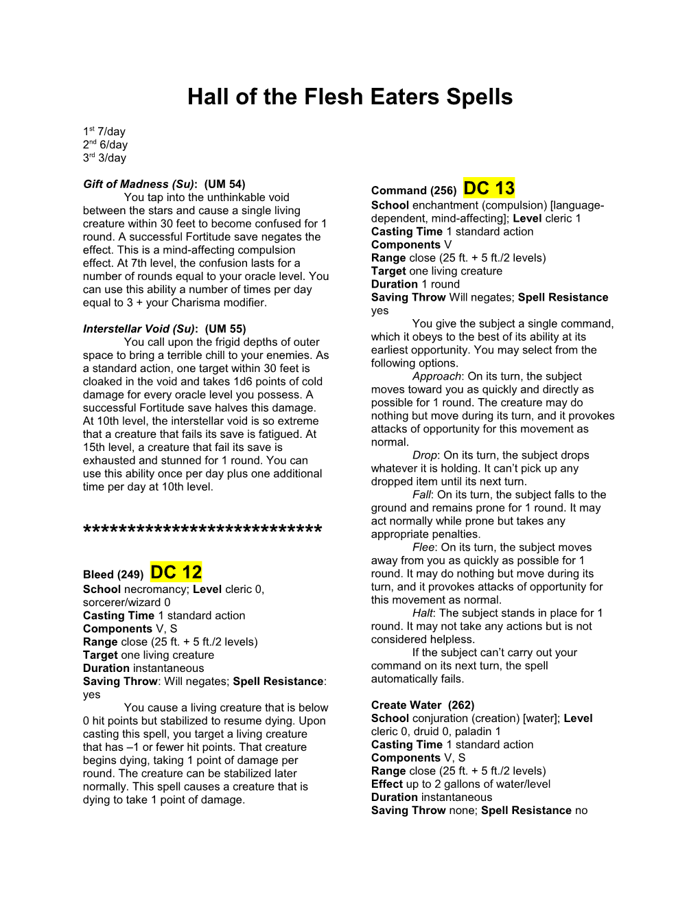 Hall of the Flesh Eaters Spells