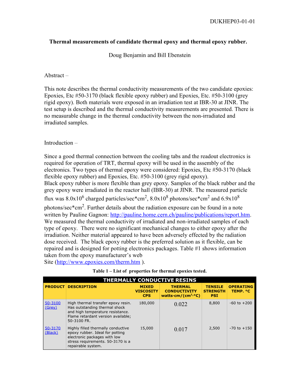 Thermal Measurements of Candidate Thermal Epoxy and Thermal Epoxy Rubber