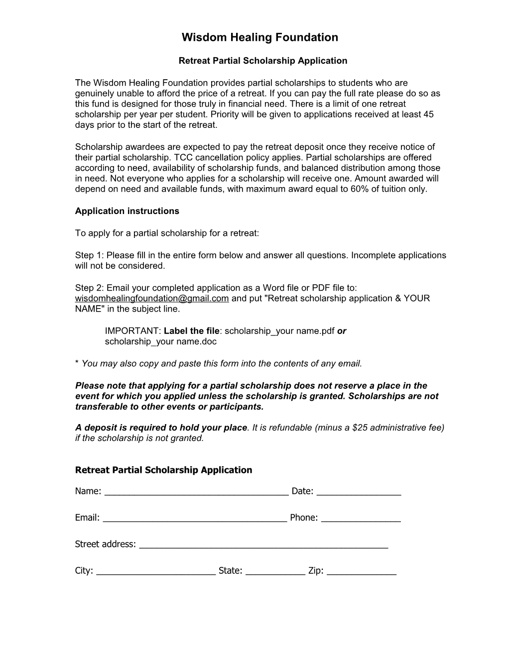 Healing Intensive Scholarship Application