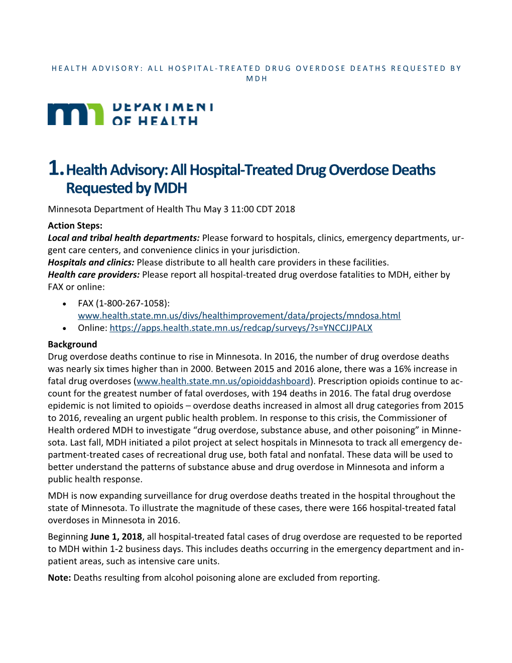 Health Advisory: All Hospital-Treated Drug Overdose Deaths Requested by MDH