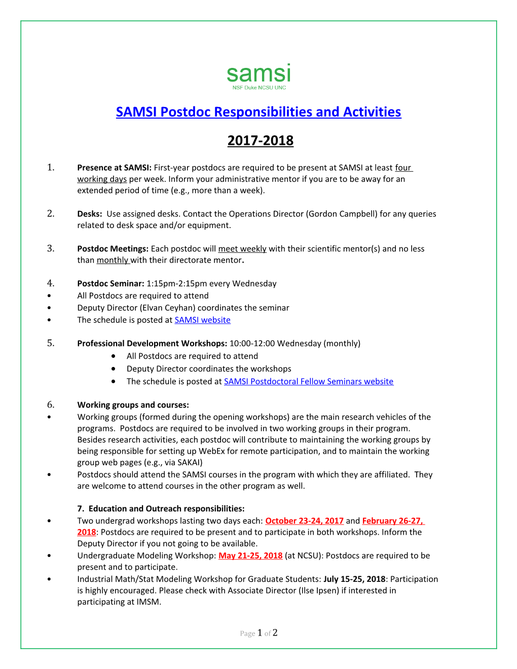 SAMSI Postdoc Responsibilities and Activities