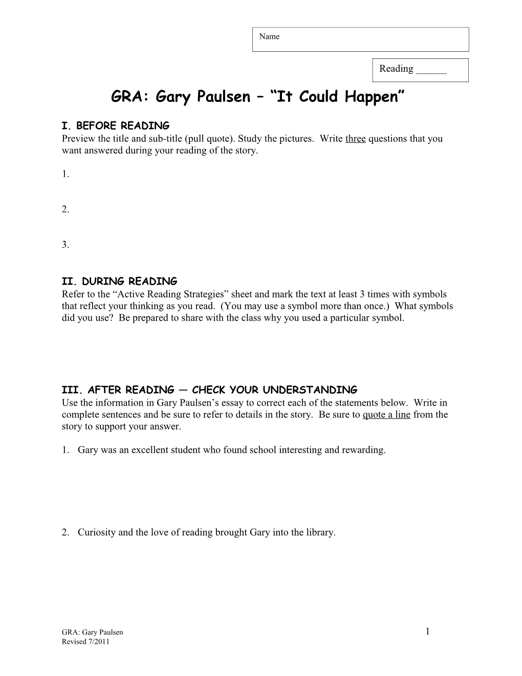 Gary Paulsen Essay It Could Happen, READ 27 August 2004