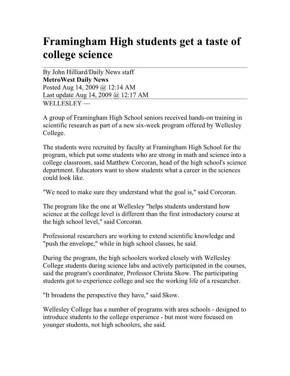 Framingham High Students Get a Taste of College Science