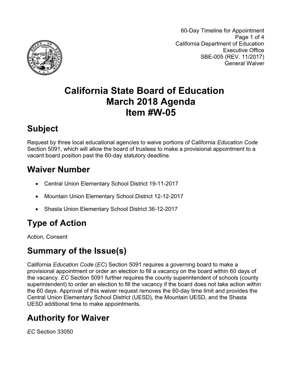 March 2018 Waiver Item W-05 - Meeting Agendas (CA State Board of Education)