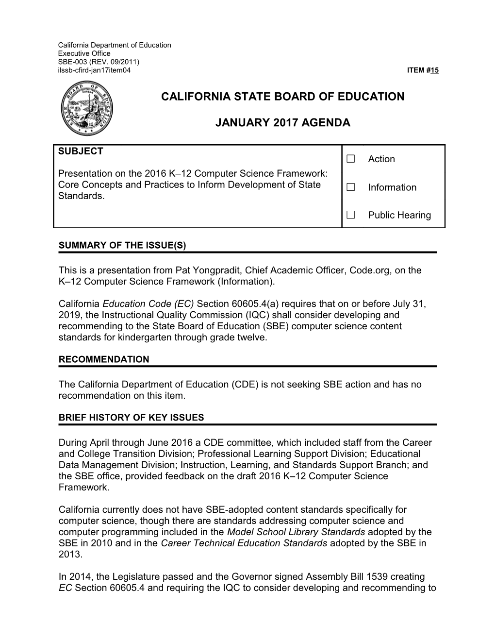 January 2017 Agenda Item 15 - Meeting Agendas (CA State Board of Education)