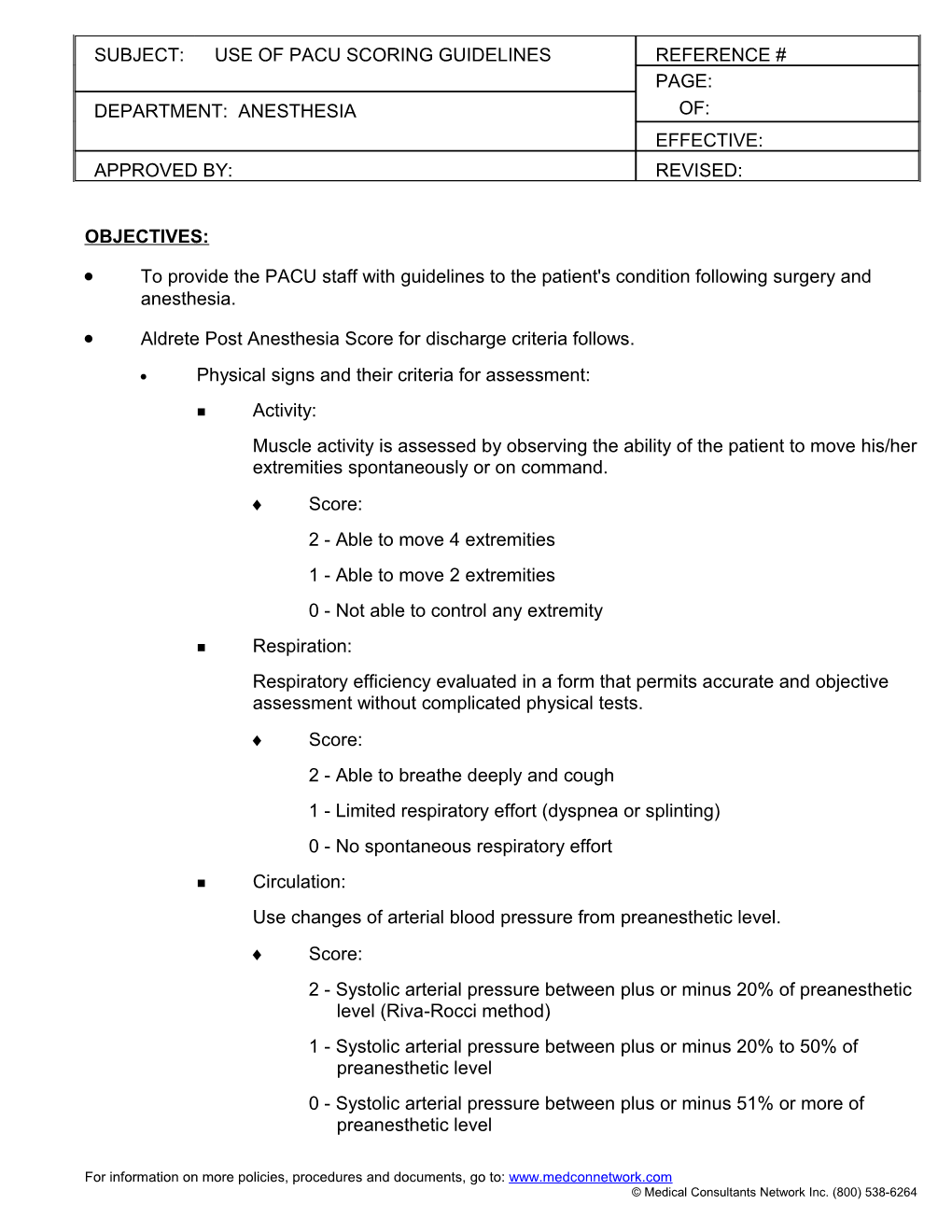 PACU Scoring Guidelines