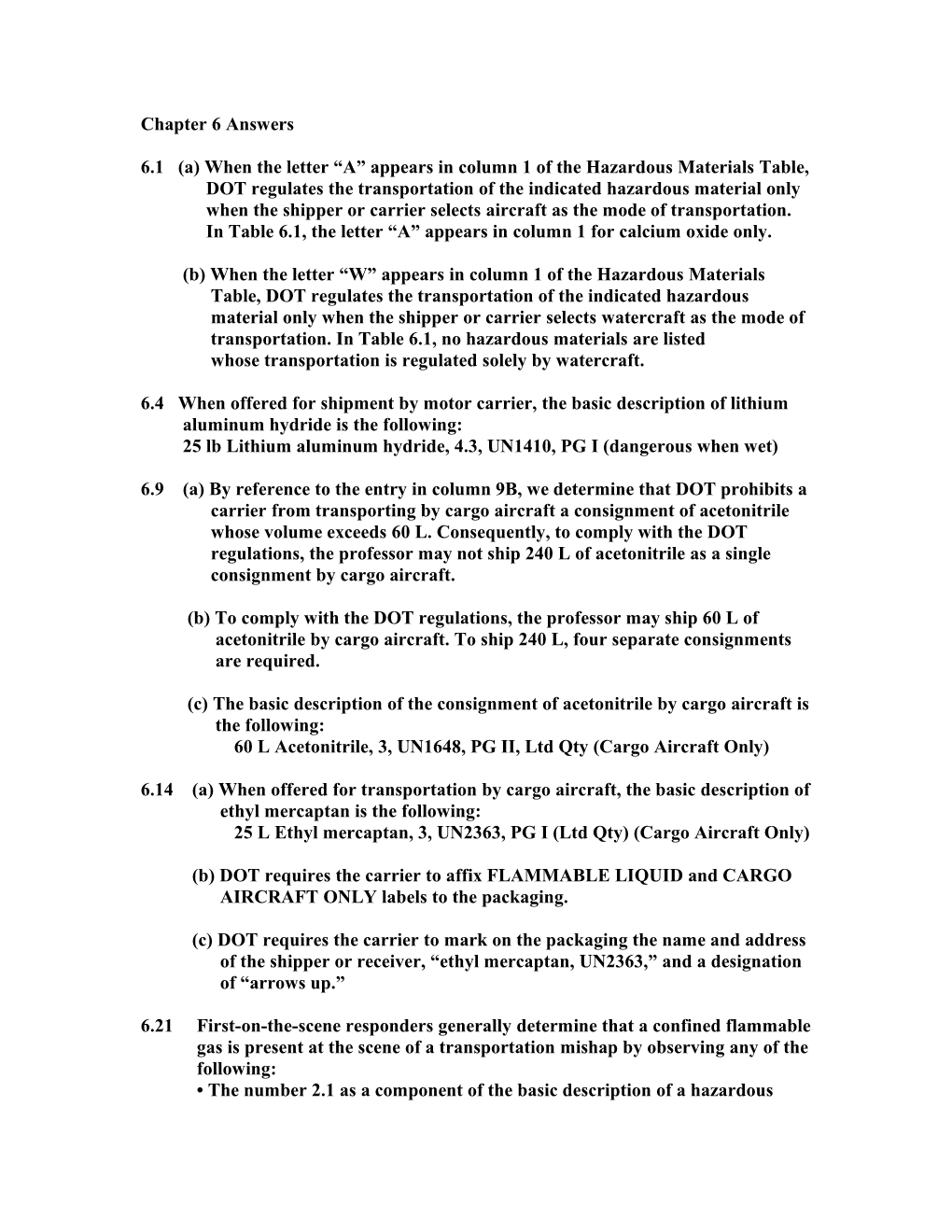 6.1 (A) When the Letter a Appears in Column 1 of the Hazardous Materials Table