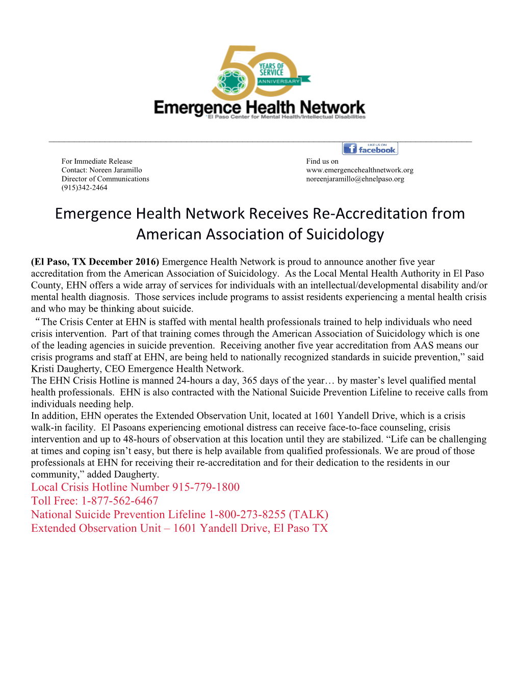 Emergence Health Network Receives Re-Accreditation from American Association of Suicidology